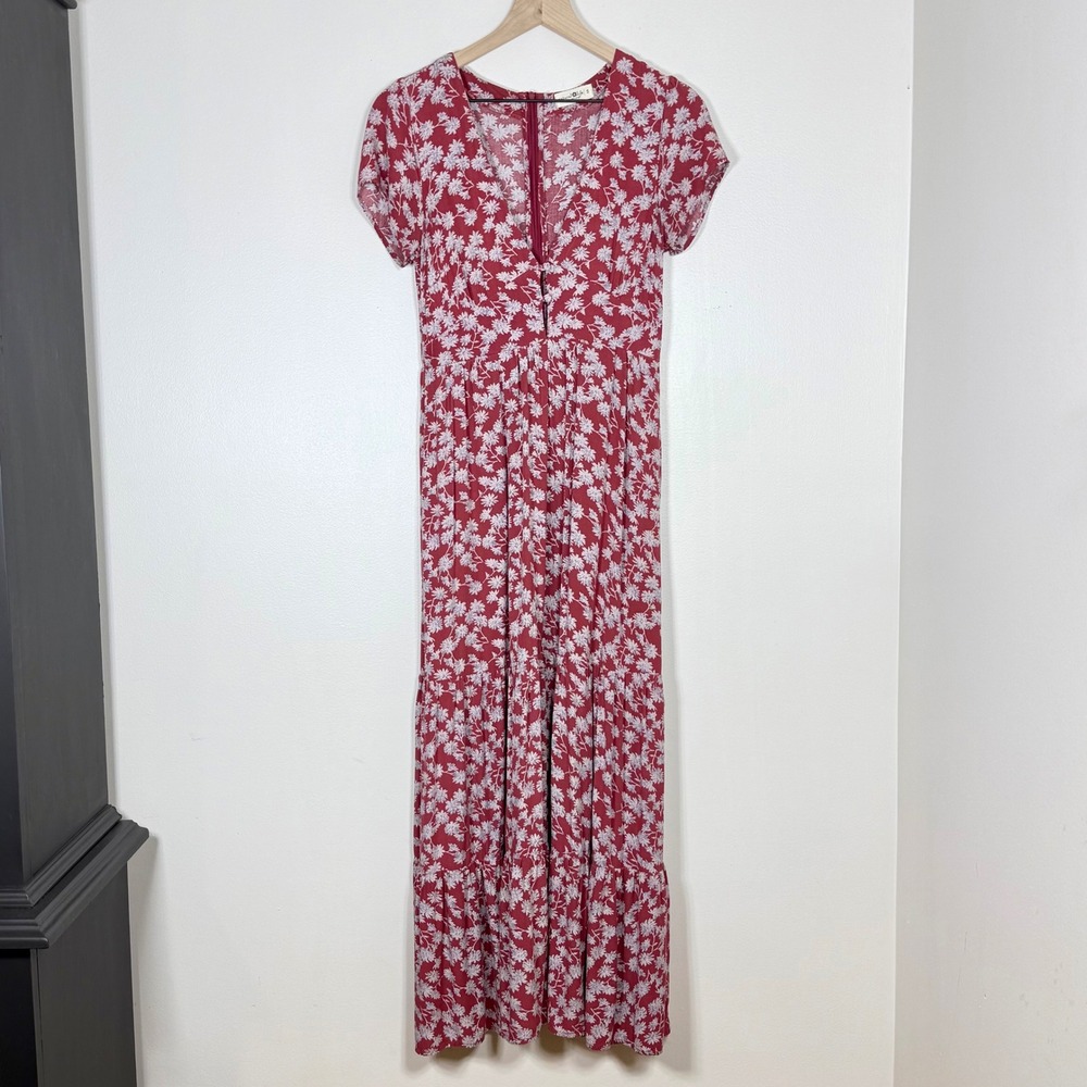 Natural Life Womens Maxi Dress Size S Red Floral Tiered Boho Cottagecore Prairie